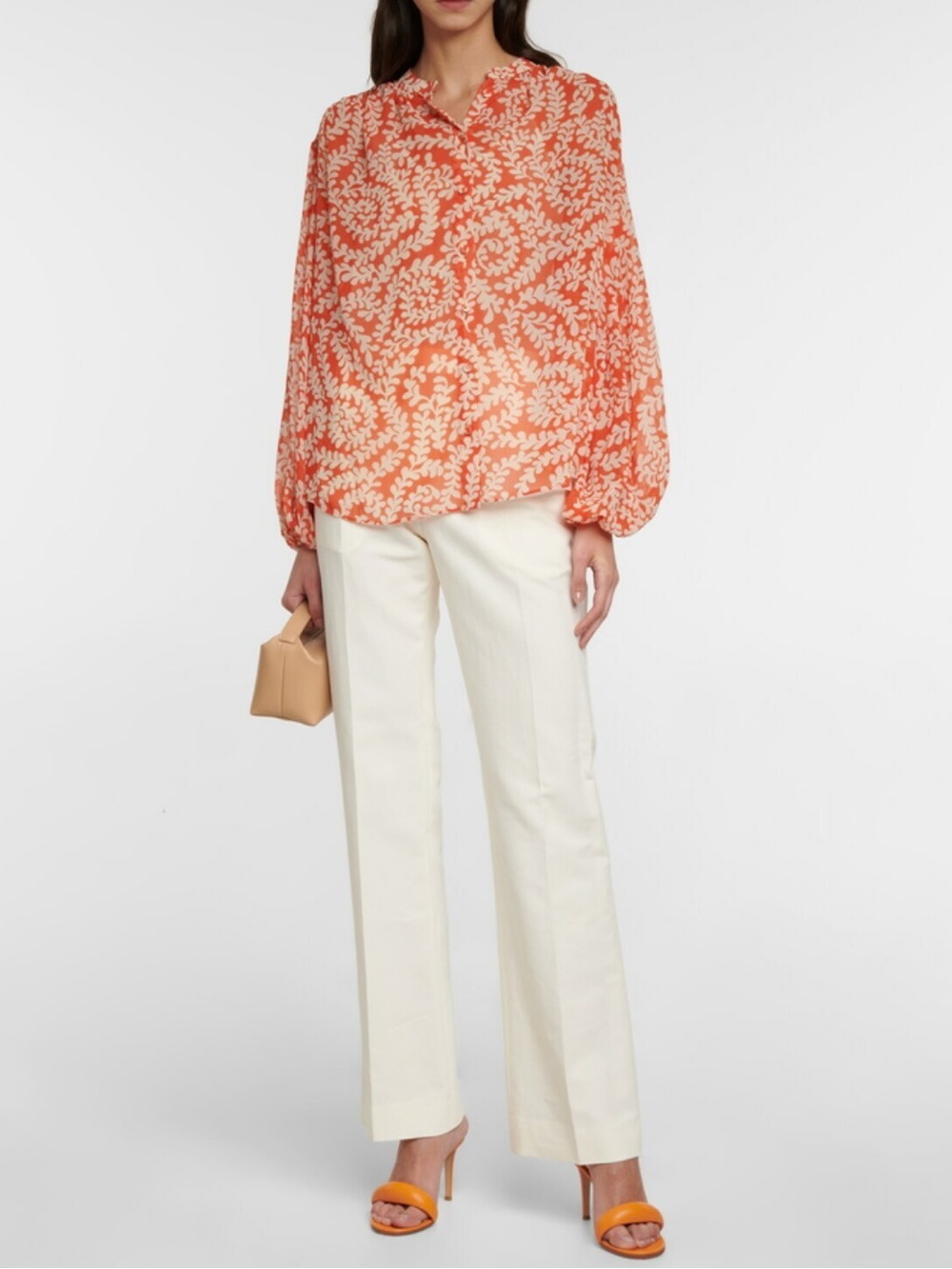 Diane Von Furstenberg Bristol Orange Leaf Print Sheer Balloon Sleeve Top Size S - Picture 3 of 13